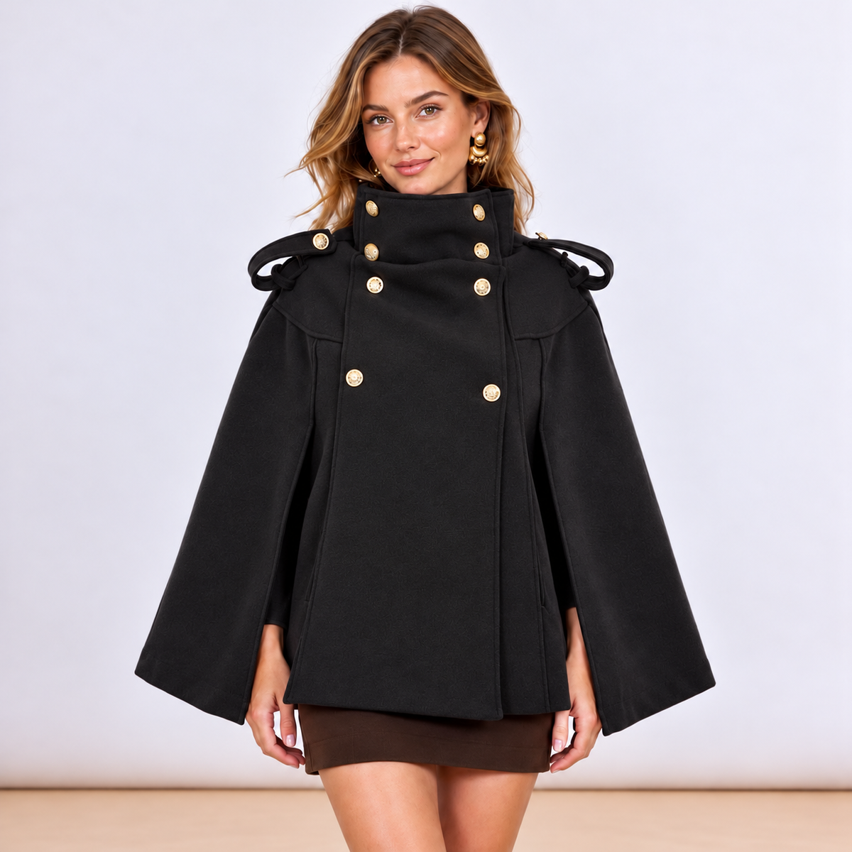 [MIXMUSE] Cappotto A Mantella Con Bottoni Dorati