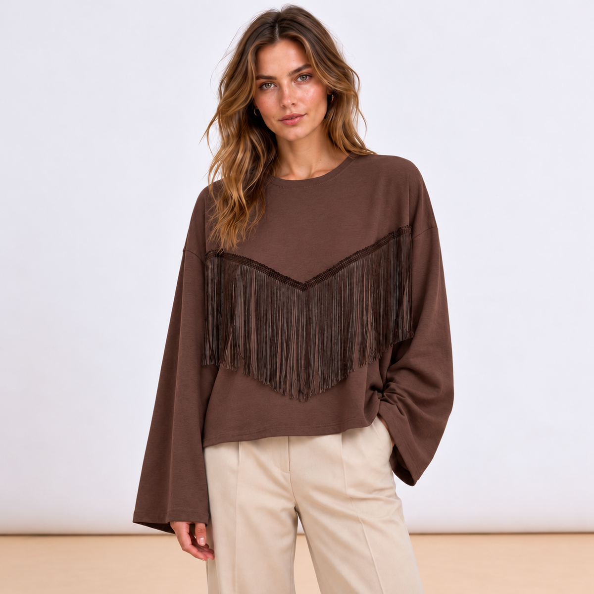 [MIXMUSE] Maglia Con Frange Sul Davanti E Manica Ampia
