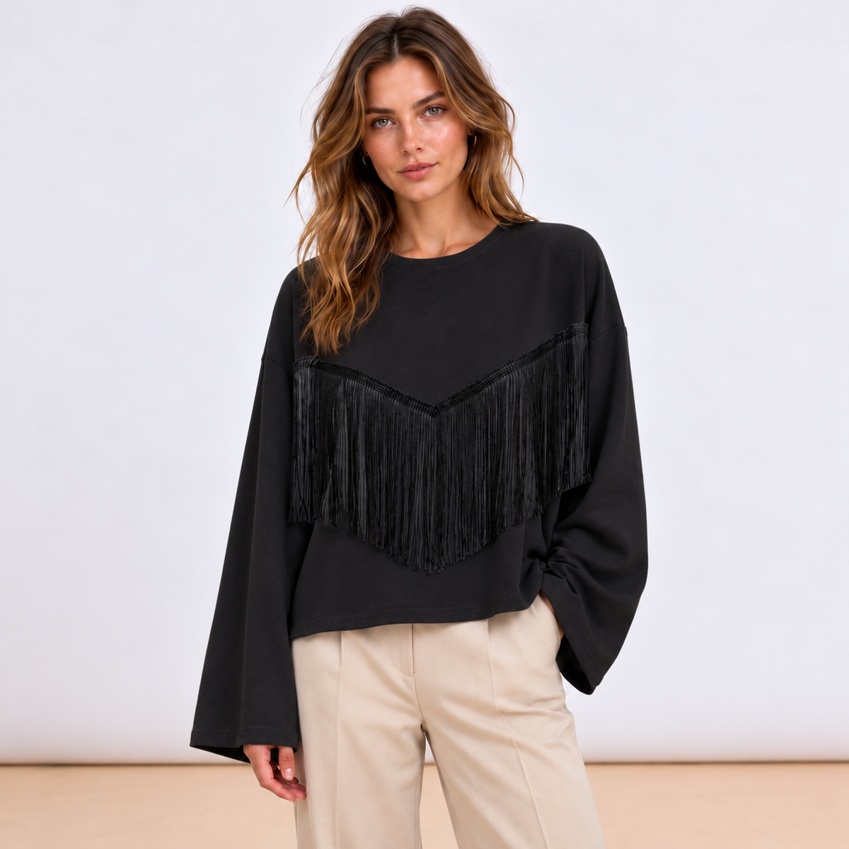 [MIXMUSE] Maglia Con Frange Sul Davanti E Manica Ampia
